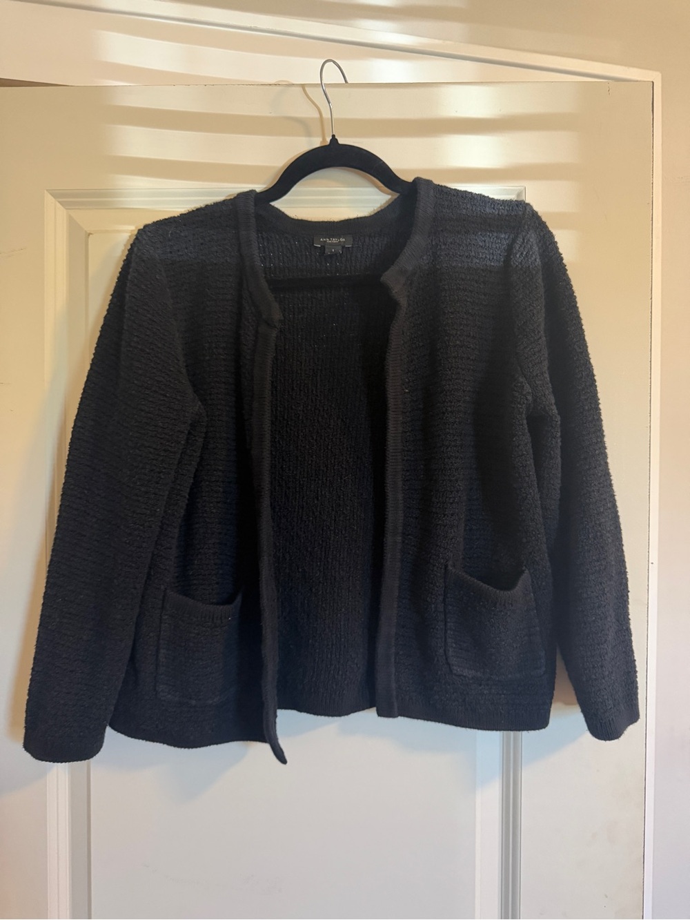 Ann Taylor Black Open-Front Textured Cardigan with Pockets
